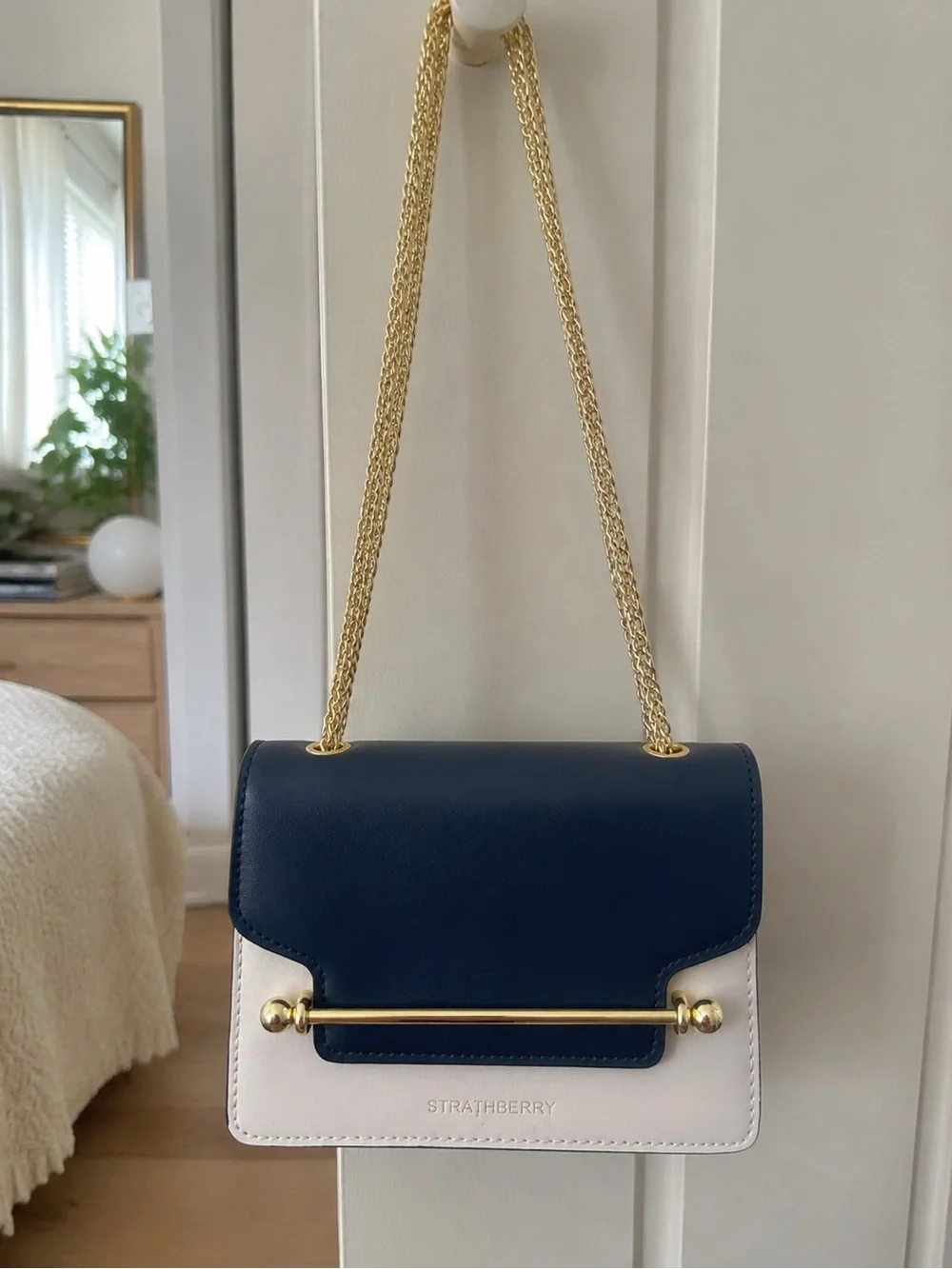 Tory Burch Navy and Cream Leather Crossbody with Gold Chain